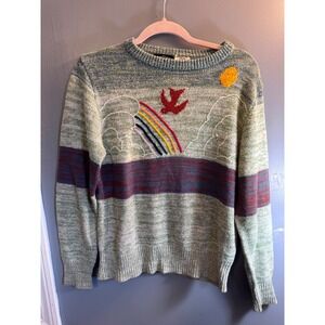 Vintage Cellini Knit Collection Rainbow Bird Sun Marled Green Sweater Small